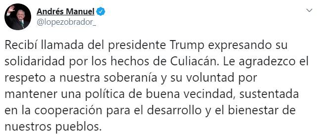 El tuit de López Obrador tras los hechos en Culiacán, Sinaloa (Foto: Twitter/lopezobrador_)