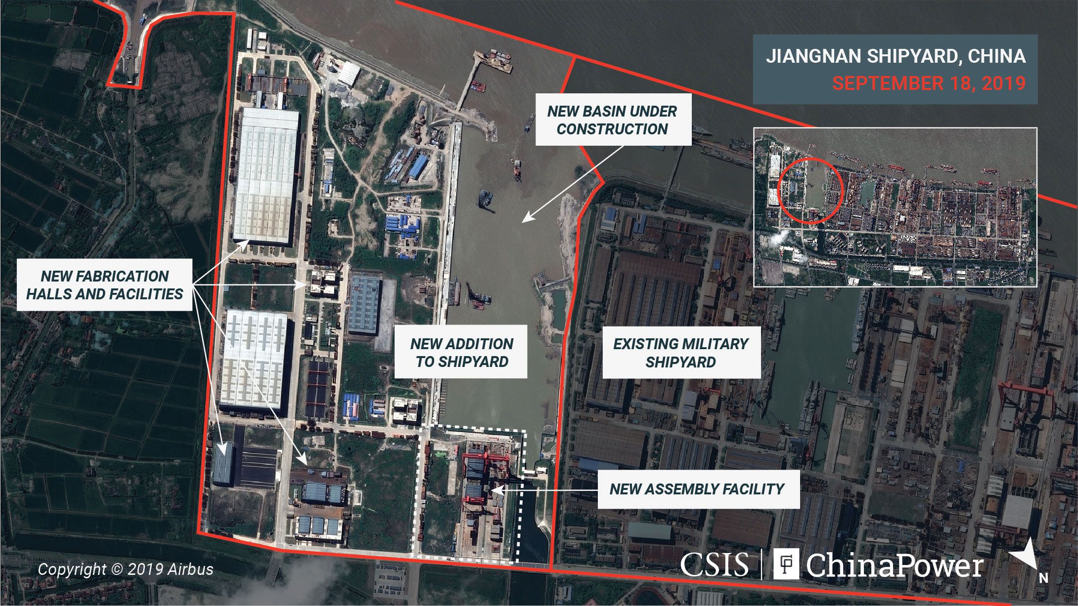 En esta imagen fechada el 18 de septiembre están destacadas ls instalaciones constuidas en el último año en el astillero Jiangnan (CSIS/ChinaPower/Airbus 2019/REUTERS)