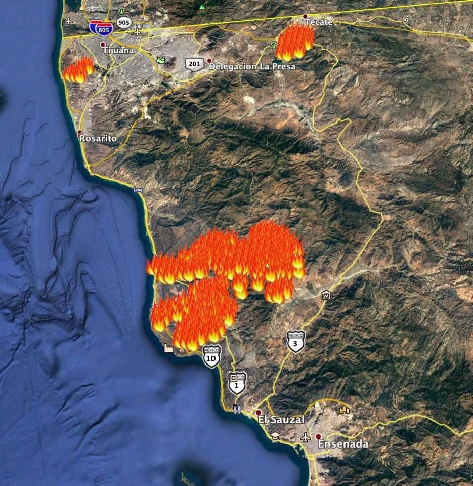 Mapa de los incendios en Baja California
Foto: Especial