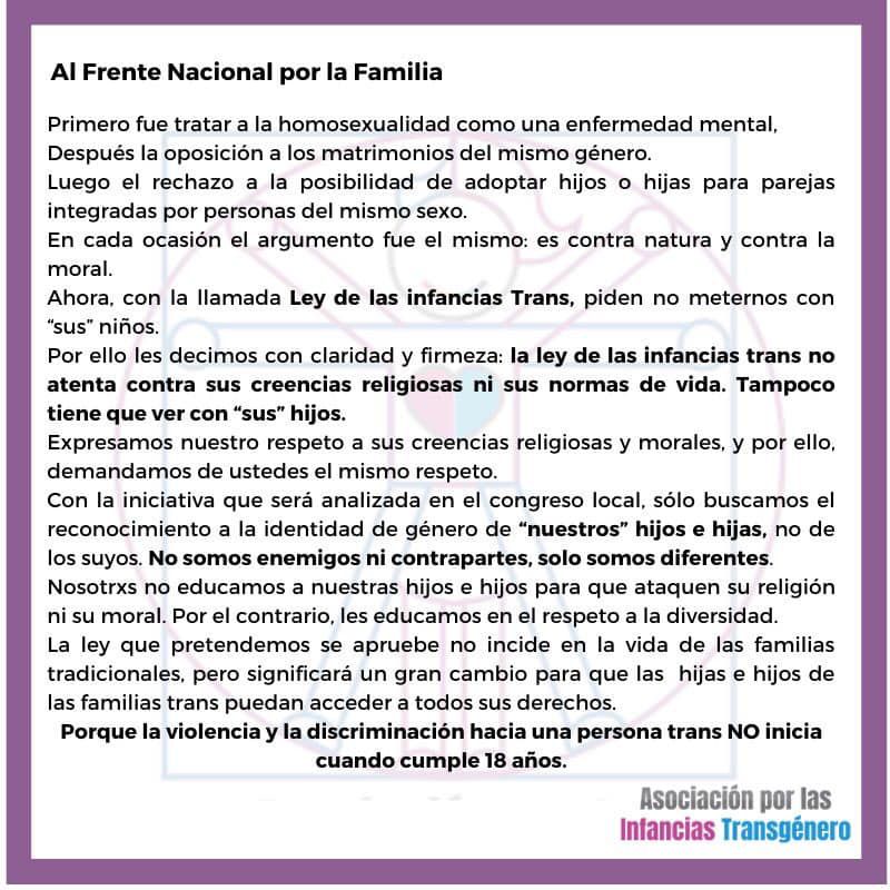 Comunicado del grupo TRANSinfancias al Frente Nacional por la Familia respecto a su inconformidad con la Ley de Infancias Trans (Foto: Facebook TRANSinfancias)