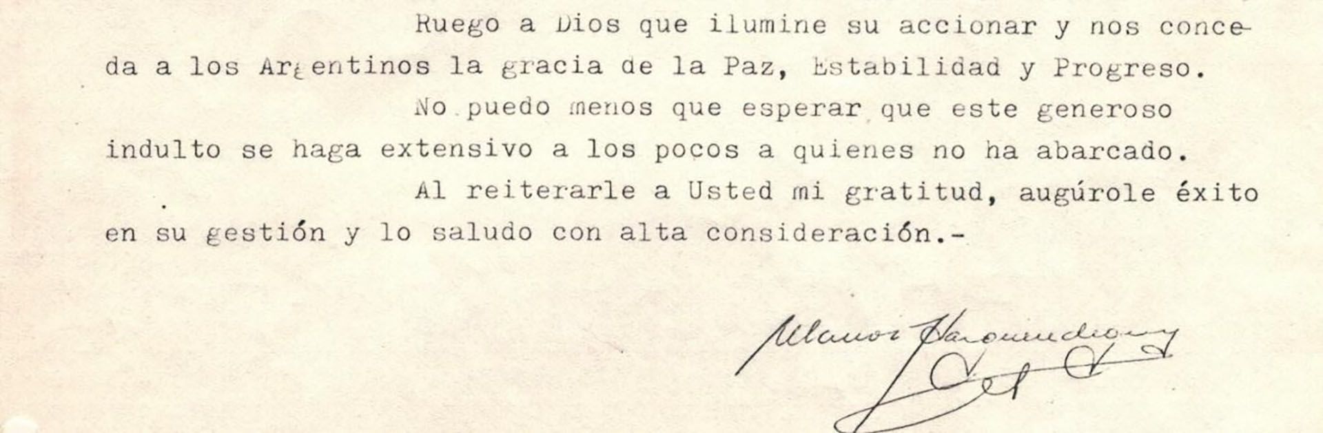 Párrafo final de la carta del general Harguindeguy a Carlos Menem.