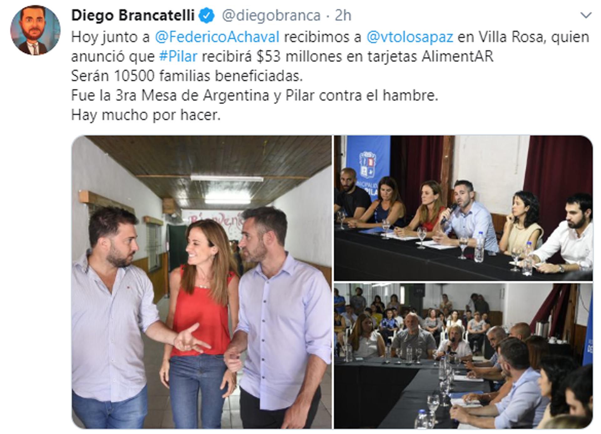 Brancatelli también destacó que está colaborando en el programa Argentina y Pilar contra el Hambre, que prevé destinar la tarjeta alimentaria a 10.500 familias de la zona 