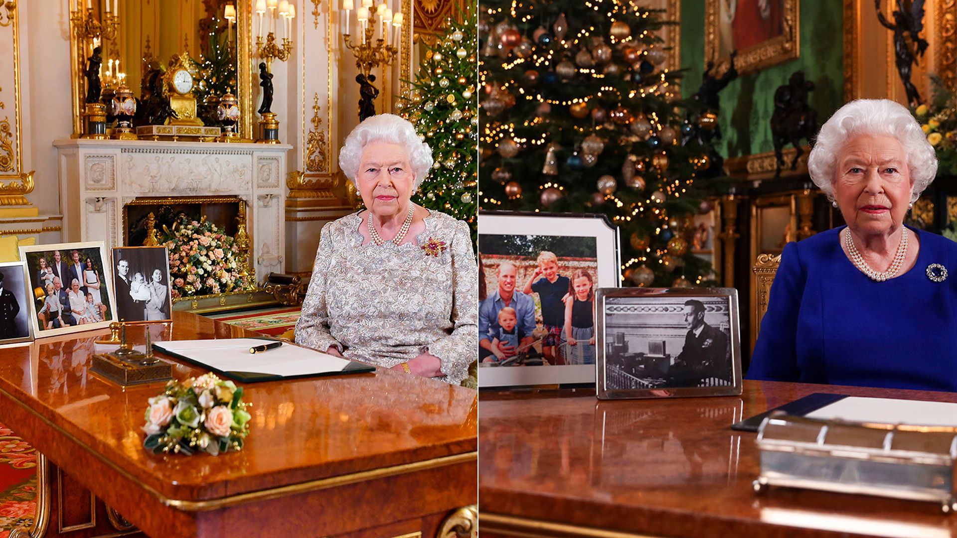 Las fotografías oficiales de la reina Isabel en sus mensajes de 2018 y 2019. Un mensaje oculto en la puesta en escena estuvo dirigido hacia príncipe Harry y Meghan Markle (Shutterstock - AFP)