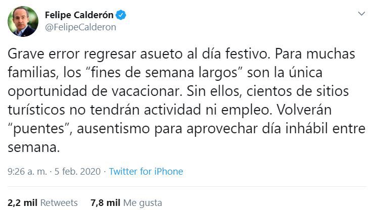 Tuit de Calderón, ex presidente de México. (Foto: Especial)