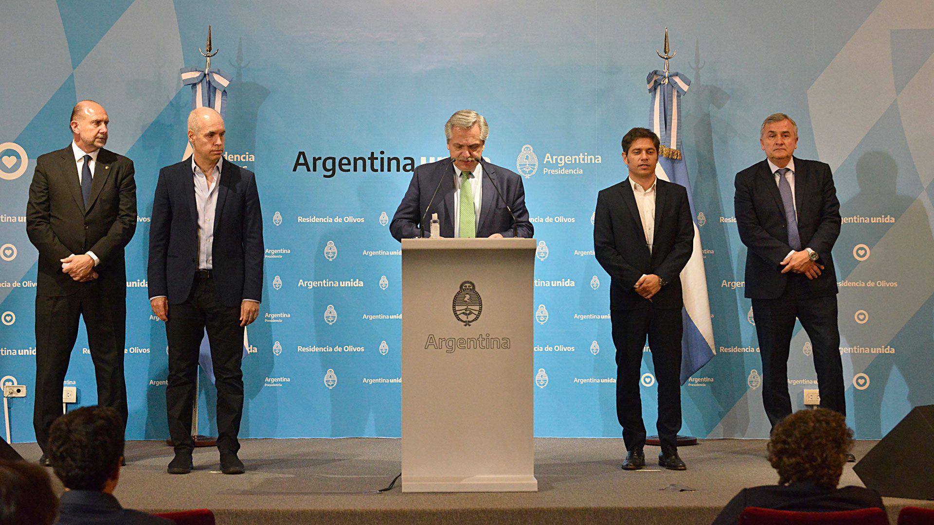 Alberto Fernández encabezó la medida junto a Omar Perotti (gobernador de Santa Fe), Horacio Rodríguez Larreta (jefe de Gobierno de CABA), Axel Kicillof (gobernador de la provincia de Buenos Aires) y Gerardo Morales (gobernador de Jujuy)