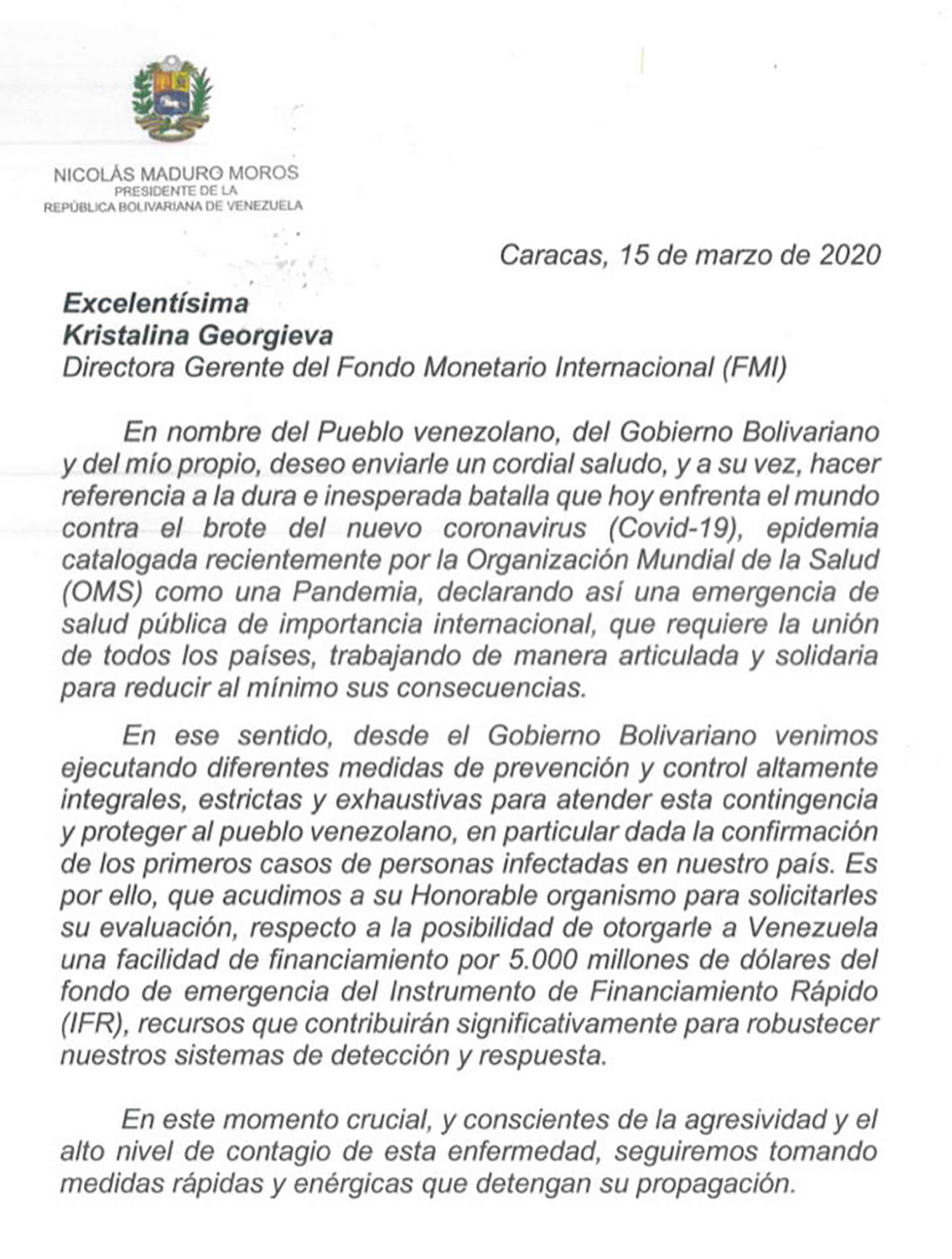 Comunicado de Maduro al FMI