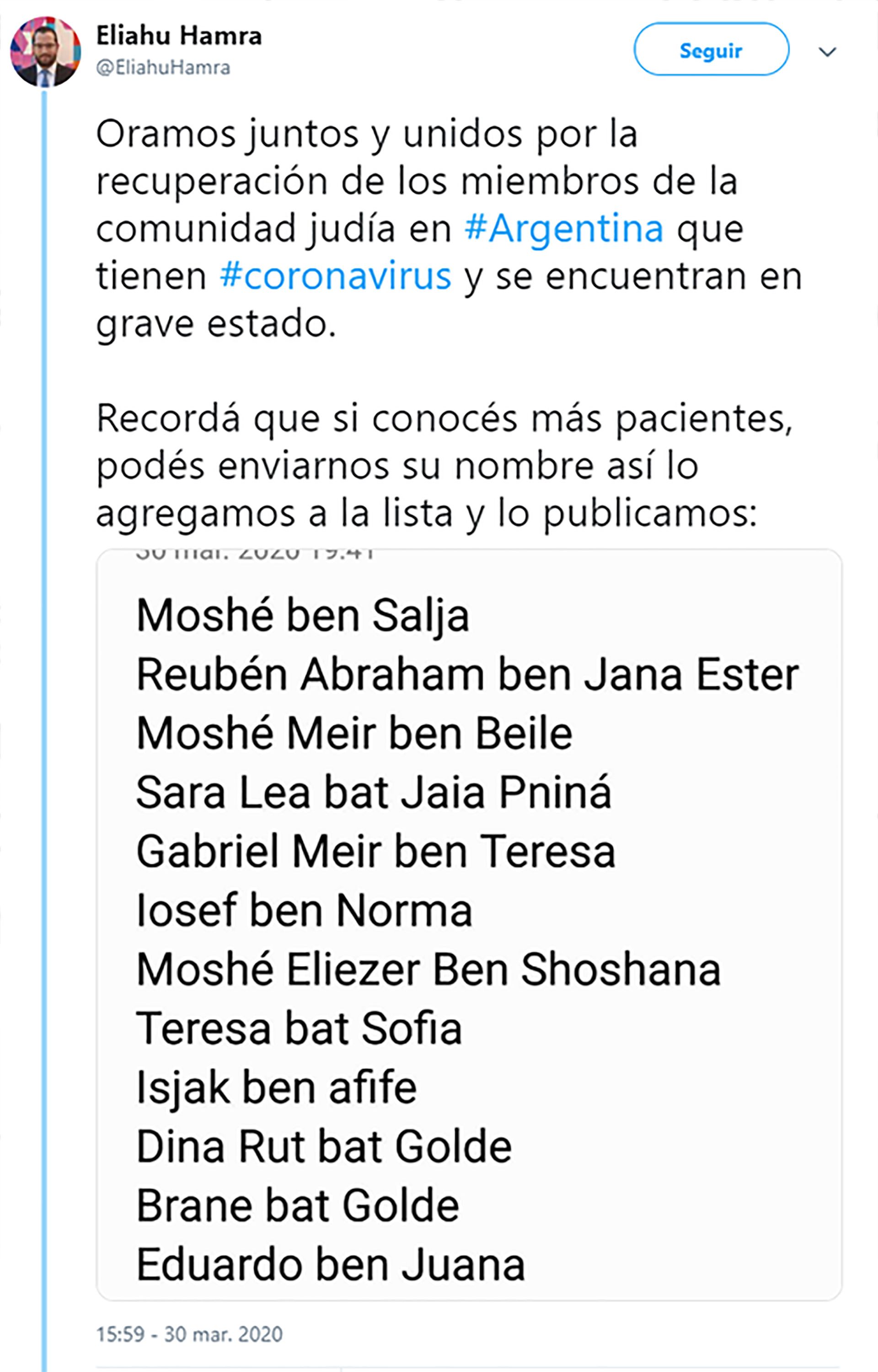 A través de su cuenta de Twitter, el presidente de la Federación de Comunidades Israelitas Argentinas, Eliahu Hamra, llamó a seguir con las plegarias por los infectados por coronavirus