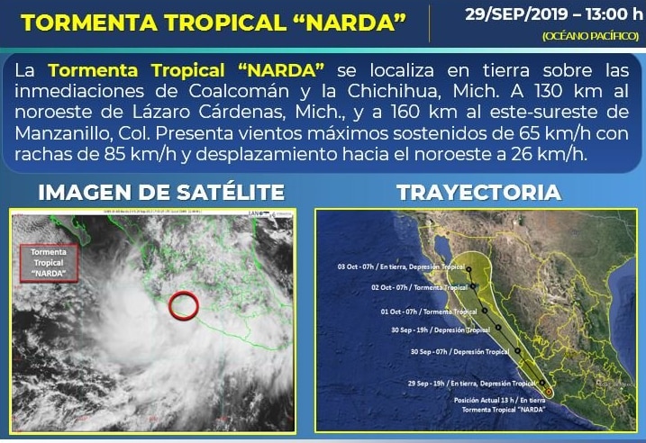 
La #TormentaTropical #Narda se localiza en tierra sobre #Michoacán, a 130 km al noroeste de Lázaro Cárdenas con vientos máximos sostenidos de 65 km/h (Foto: Conagua) 