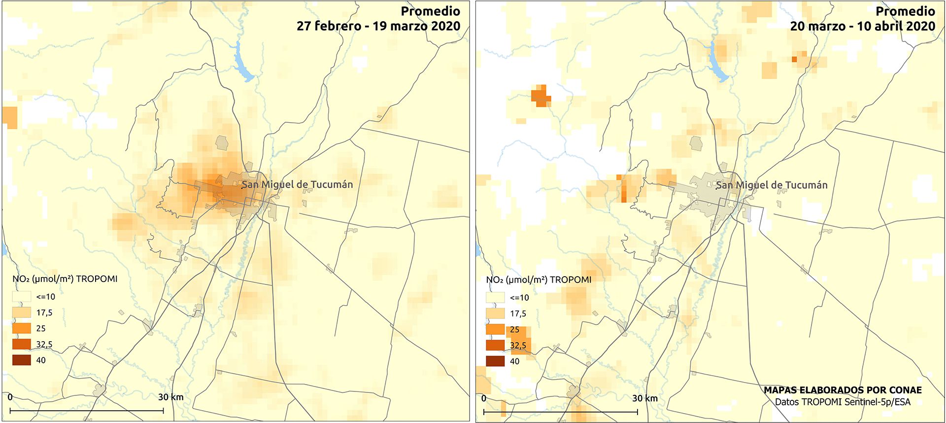 Mapa comparativo de NO2 en San Miguel de Tucumán, de febrero-marzo - marzo-abril (CONAE)