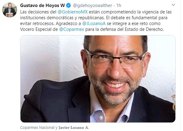 Gustavo de Hoyos Walther, presidente Nacional de la Coparmex, dio a conocer que Javier Lozano Alarcón sería vocero especial para la defensa del estado de derecho (Foto: Twitter@gdehoyoswalther)