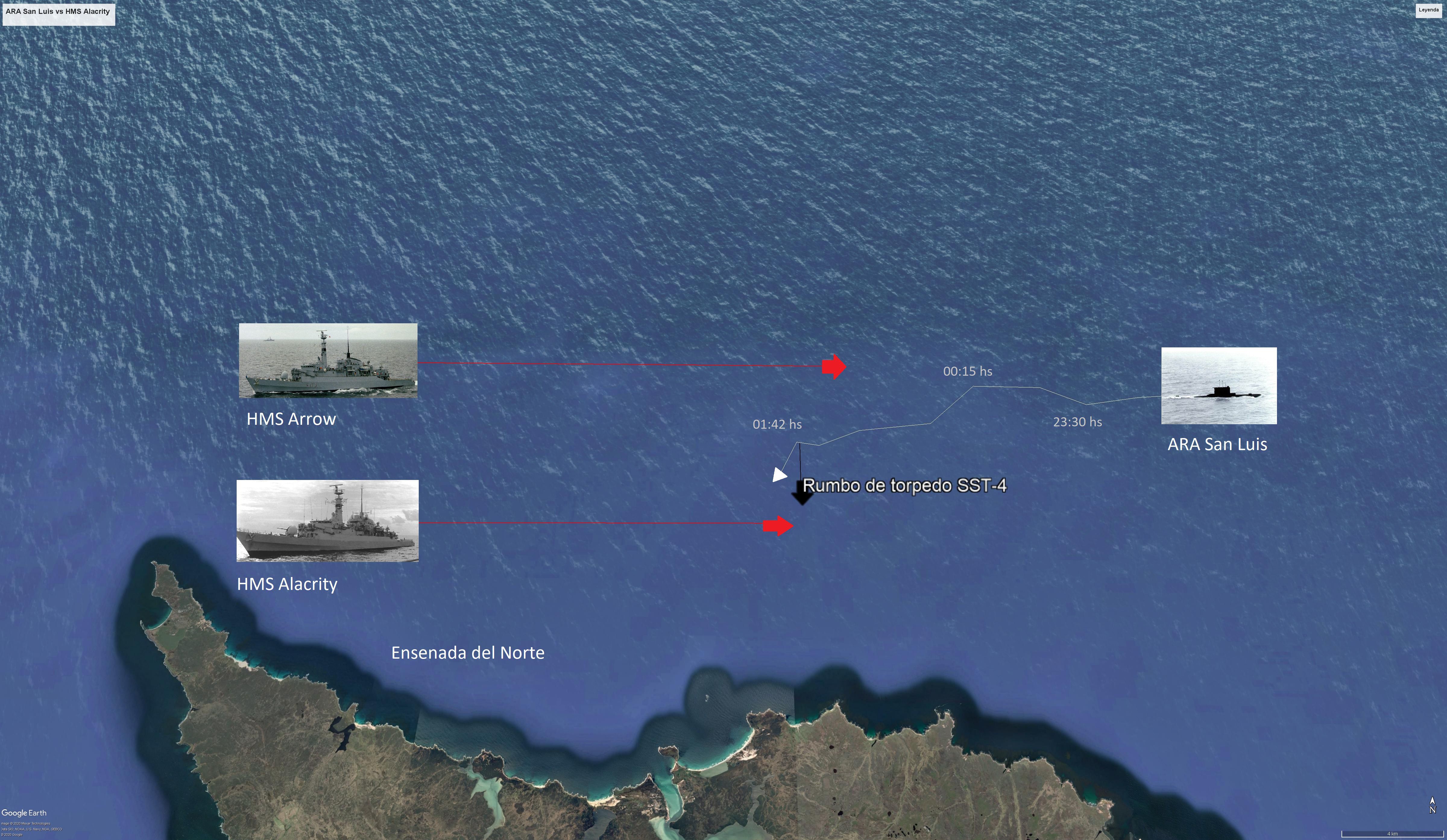 Esquema del ataque del submarino ARA San Luis a la fragata HMS Alacrity, el norte de Malvinas en las primeras horas del 11 de mayo de 1982.