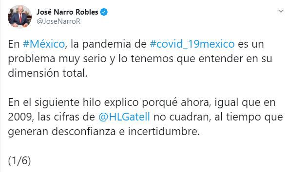 José Narro publicó un hilo en Twitter donde critica el papel de López-Gatell durante la epidemia (Foto: Twitter/@JoseNarroR)