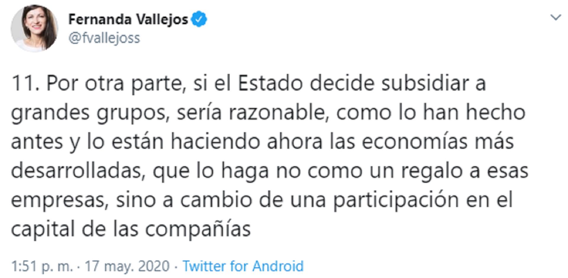 Uno de los tuits de Fernanda Vallejos que generó polémica 