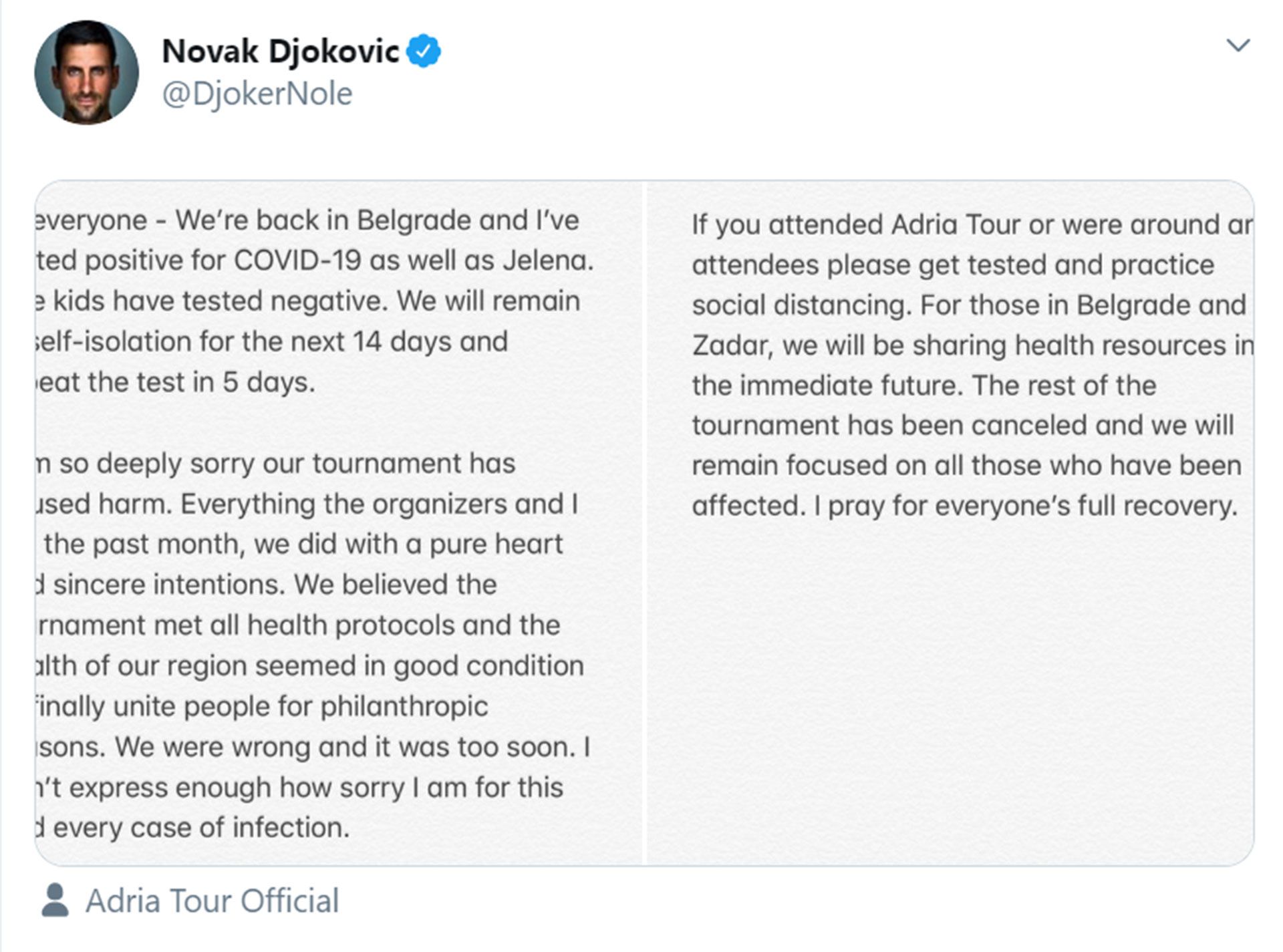 Novak Djokovic coronavirus SF