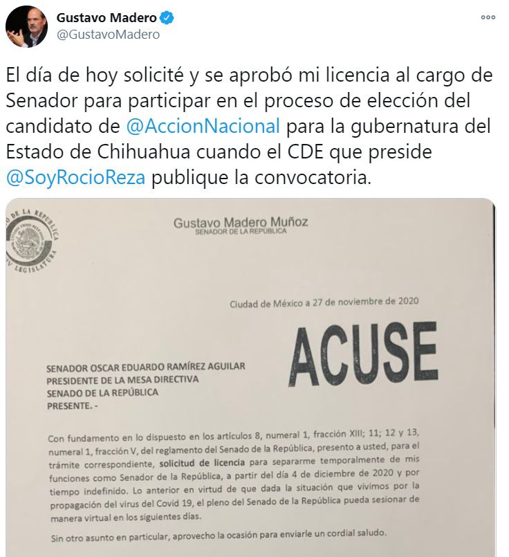 Senador Gustavo Madero licencia gubernatura Chihuahua