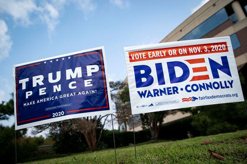 Imagen de archivo de carteles de apoyo a Donald Trump y Joe Biden al exterior de un centro de votación temprana en Fairfax, Virginia. REUTERS/Al Drago