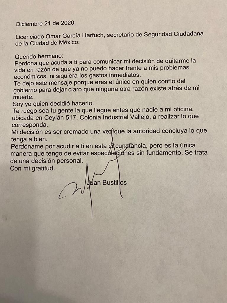 Nota suicida de Juan Bustillos, director del semanario Impacto (Foto: Twitter / @lopezdoriga)
