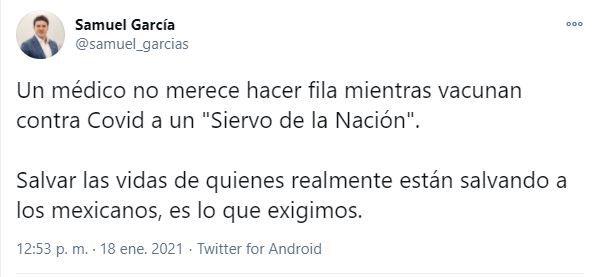 Samuel García criticó el esquema de vacunación (Foto: Twitter / @samuel_garcias)