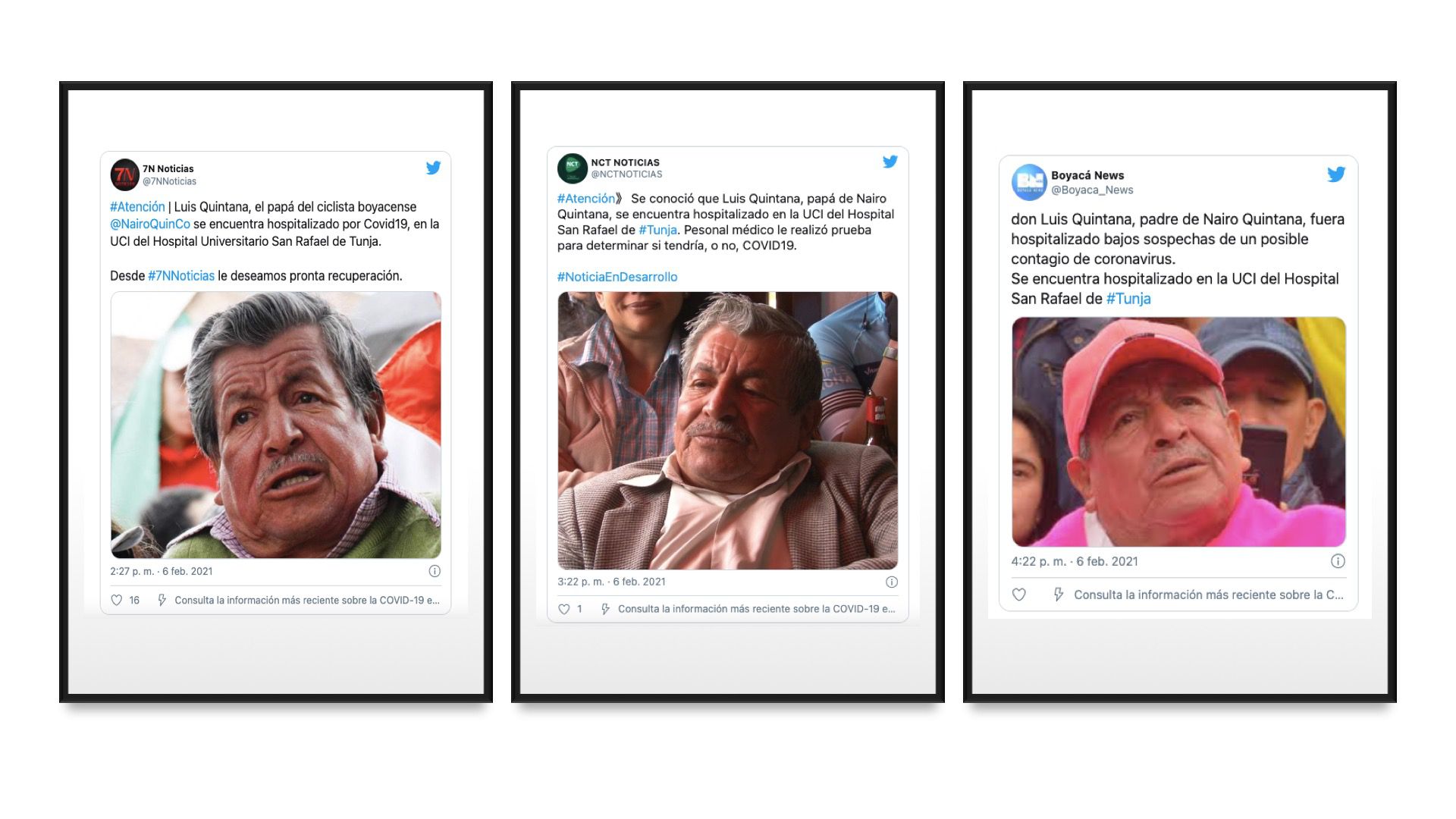 Medios de comunicación boyacenses informaron sobre el padecimiento de covid-19 de Luis Quintana, padre del ciclista colombiano / (Twitter).