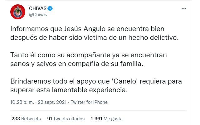 Chivas reportó que Canelo Angulo está bien después de tentativa de secuestro y robo