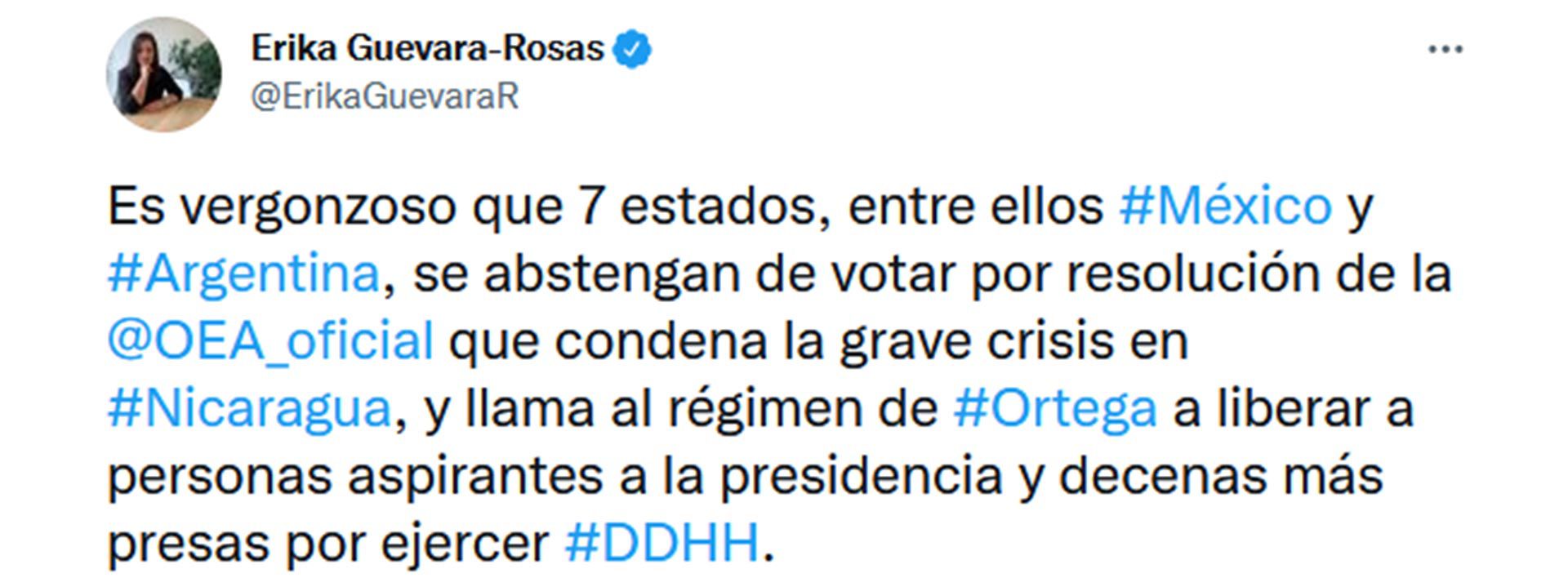 Tuit de la directora de Aministia Internacional sobre voto en Nicaragüa
R