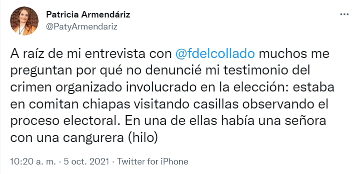 Patricia Armendáriz hablo en Twitter sobre una experiencia que tuvo con el crimen organizado. (Imagen: Twitter/ @PatyArmendariz)