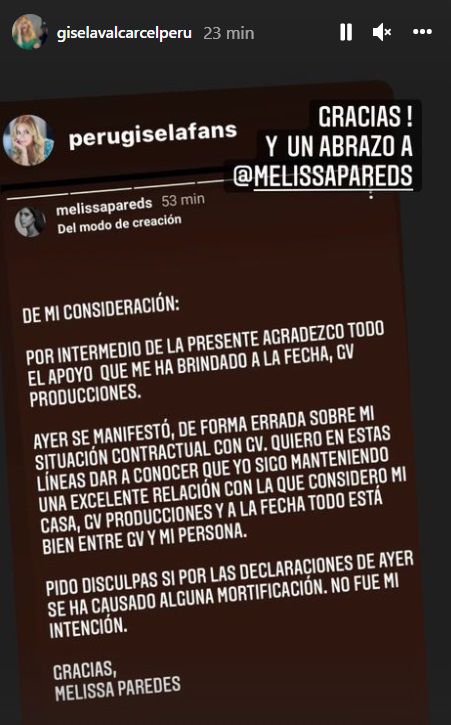 Gisela Valcárcel responde Melissa Paredes. (Foto. Instagram)