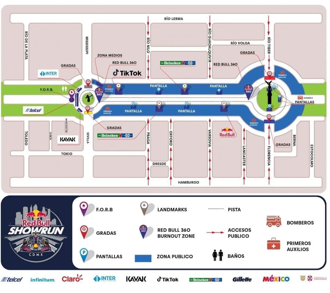 Mapa del Show Run de Sergio Checo Pérez en la Ciudad de México sobre Paseo de la Reforma (Foto: Red Bull)
