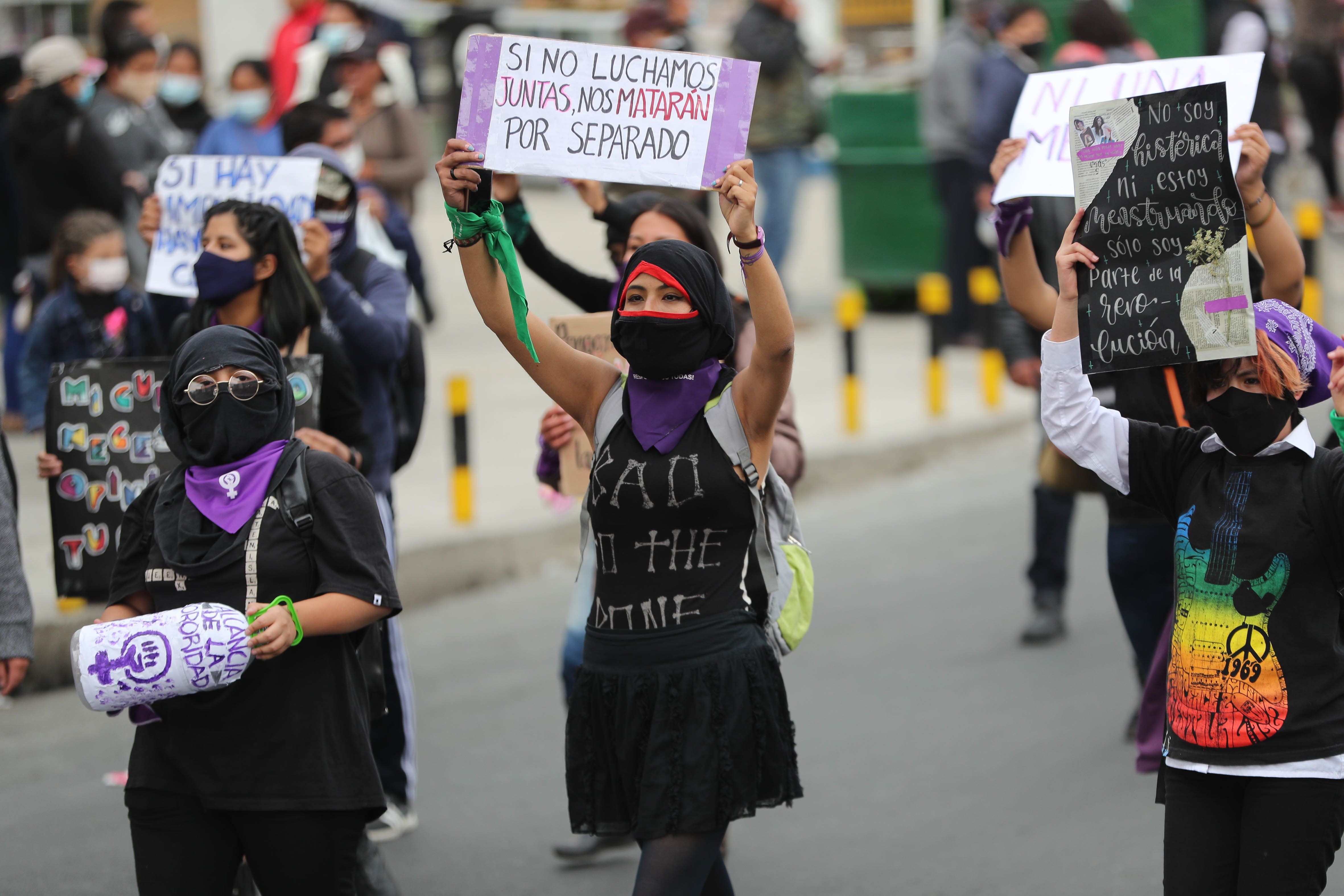 Fotografía de archivo en la que se registró una marcha de mujeres para exigir a las autoridades y al Ministerio Público justicia para las víctimas de feminicidio, en La Paz (Bolivia). EFE/Martín Alipaz 