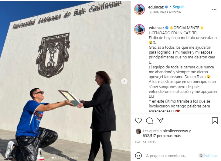 Eduin Caz comparte tiernas fotos junto a su madre y su esposa después de conseguir su titulo universitario por la UABC Foto: Instagram/@eduincaz