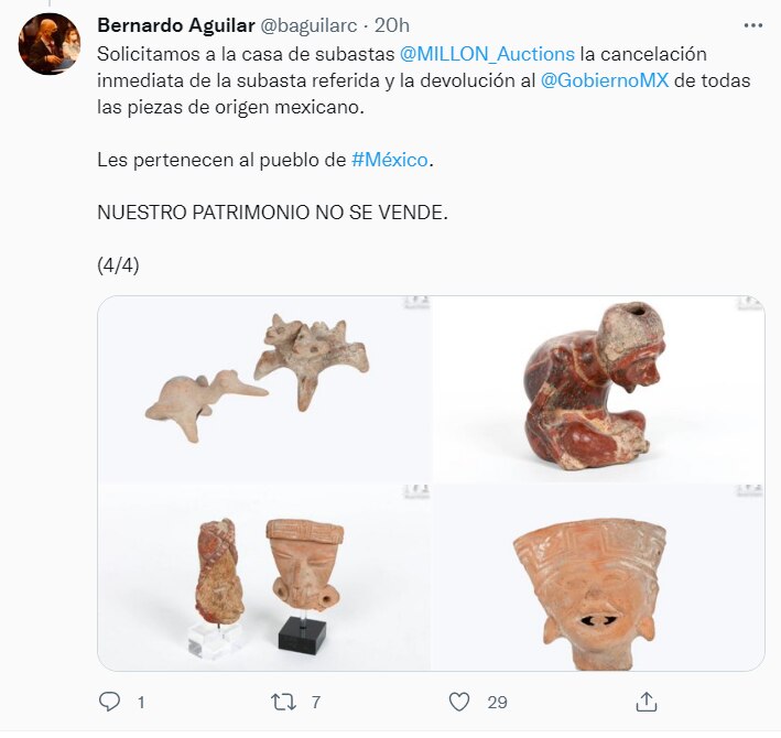 Bernardo Aguilar consideró ilegal la sustracción, exportación y comercialización. de piezas arqueológicas. (Imagen: Twitter/ @baguilarc)