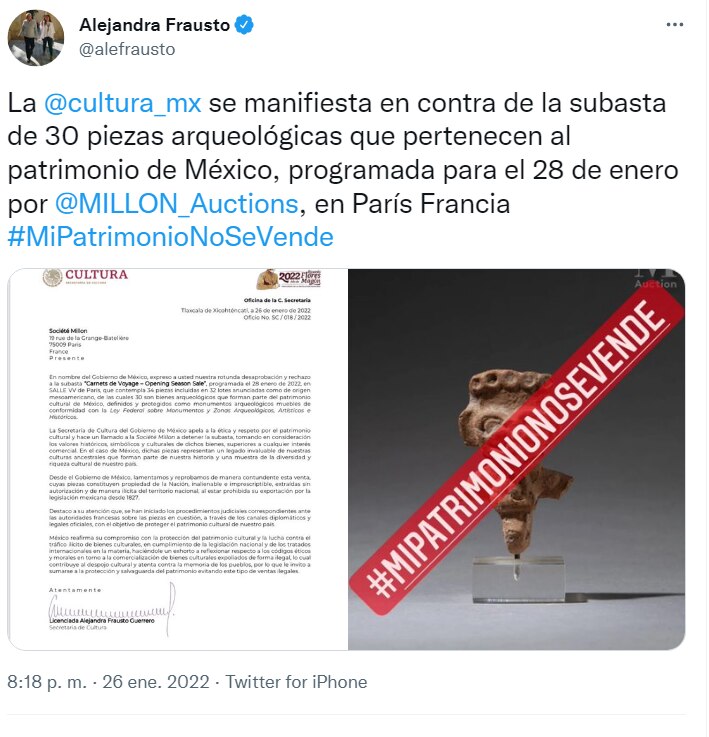 Alejandra Frausto envió una carta a Société Millon en la cual pidió detener la subasta programada para el 28 de enero. (Imagen: Twitter/ @alefrausto)