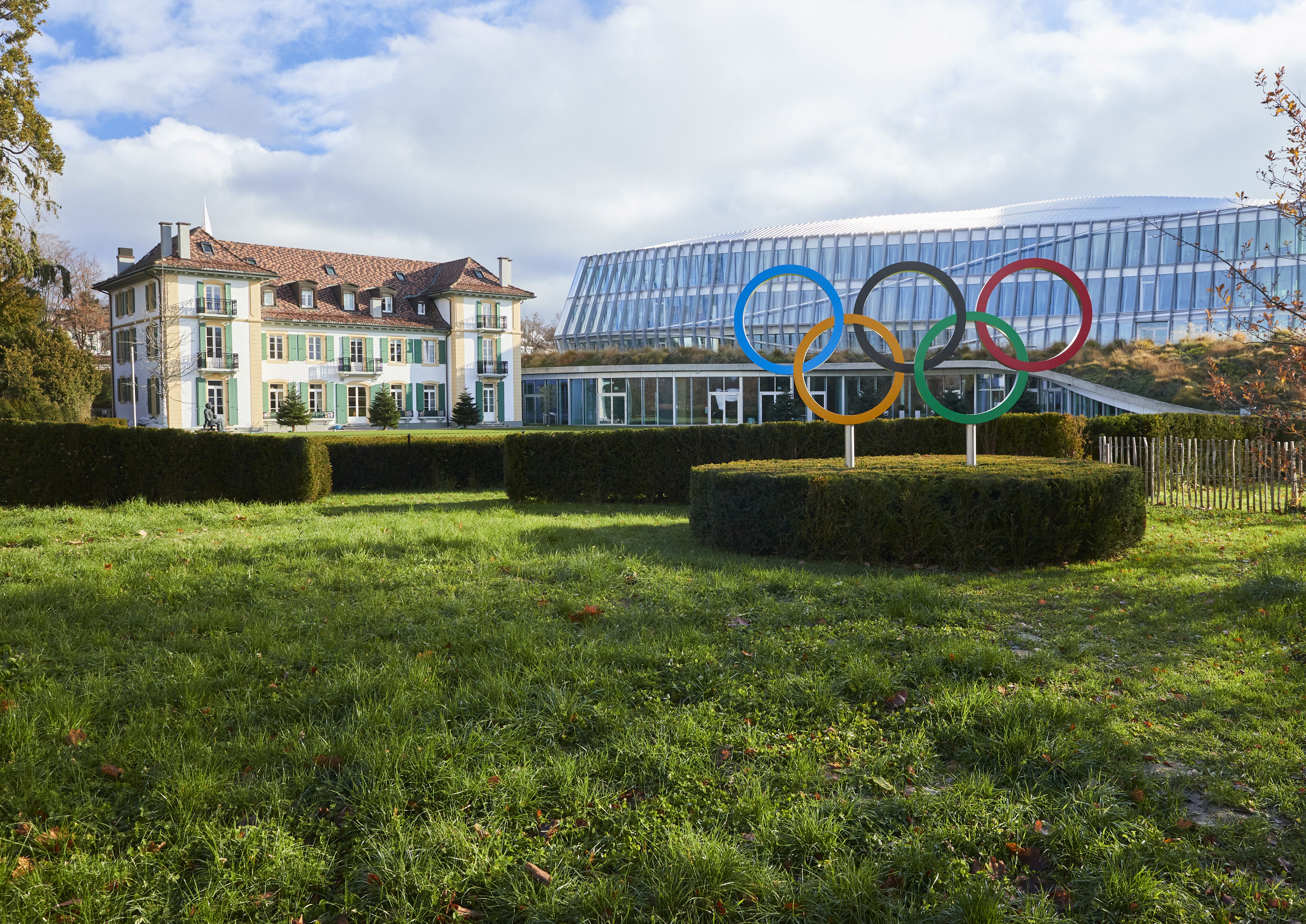 The Olympic rings are pictured in front of the International Olympic Committee (IOC) headquarters in Lausanne, Switzerland, December 7, 2021. REUTERS/Denis?Balibouse