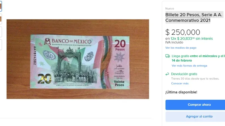 Billete 20 pesos. Mercado Libre