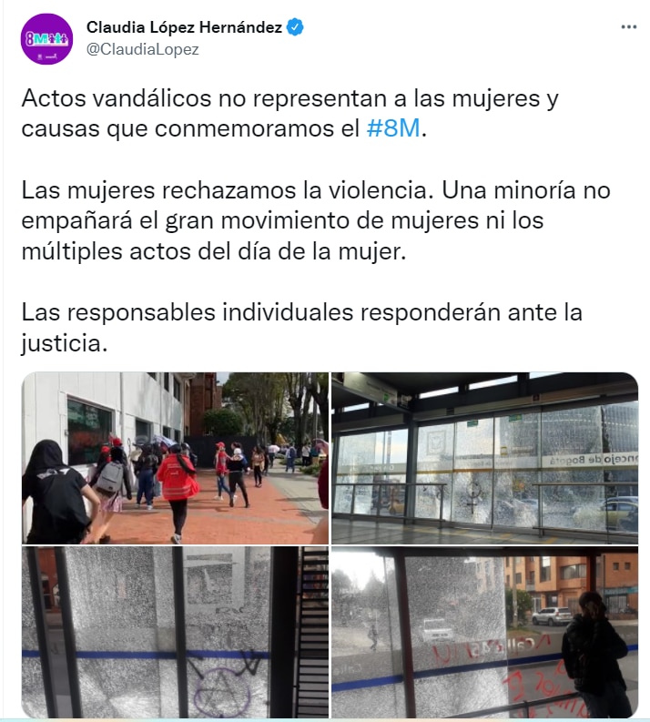 Claudia López reporta actos vandálicos en el Día de la Mujer