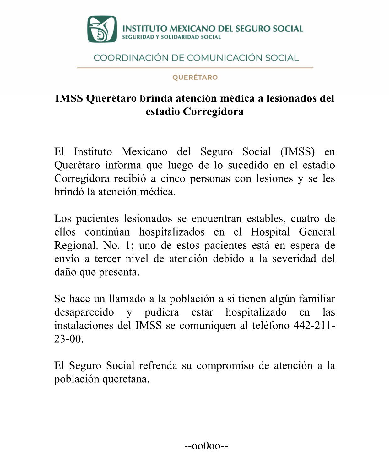 El IMSS en Querétaro habilitó una línea de ayuda tras lo ocurrido en el Estadio Corregidora (Foto: Cortesía IMSS)