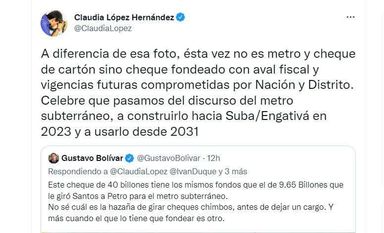 Gustavo Bolívar y Claudia López se agarraron otra vez por los "cheques chimbos" del Metro de Bogotá. Foto: Twitter.
