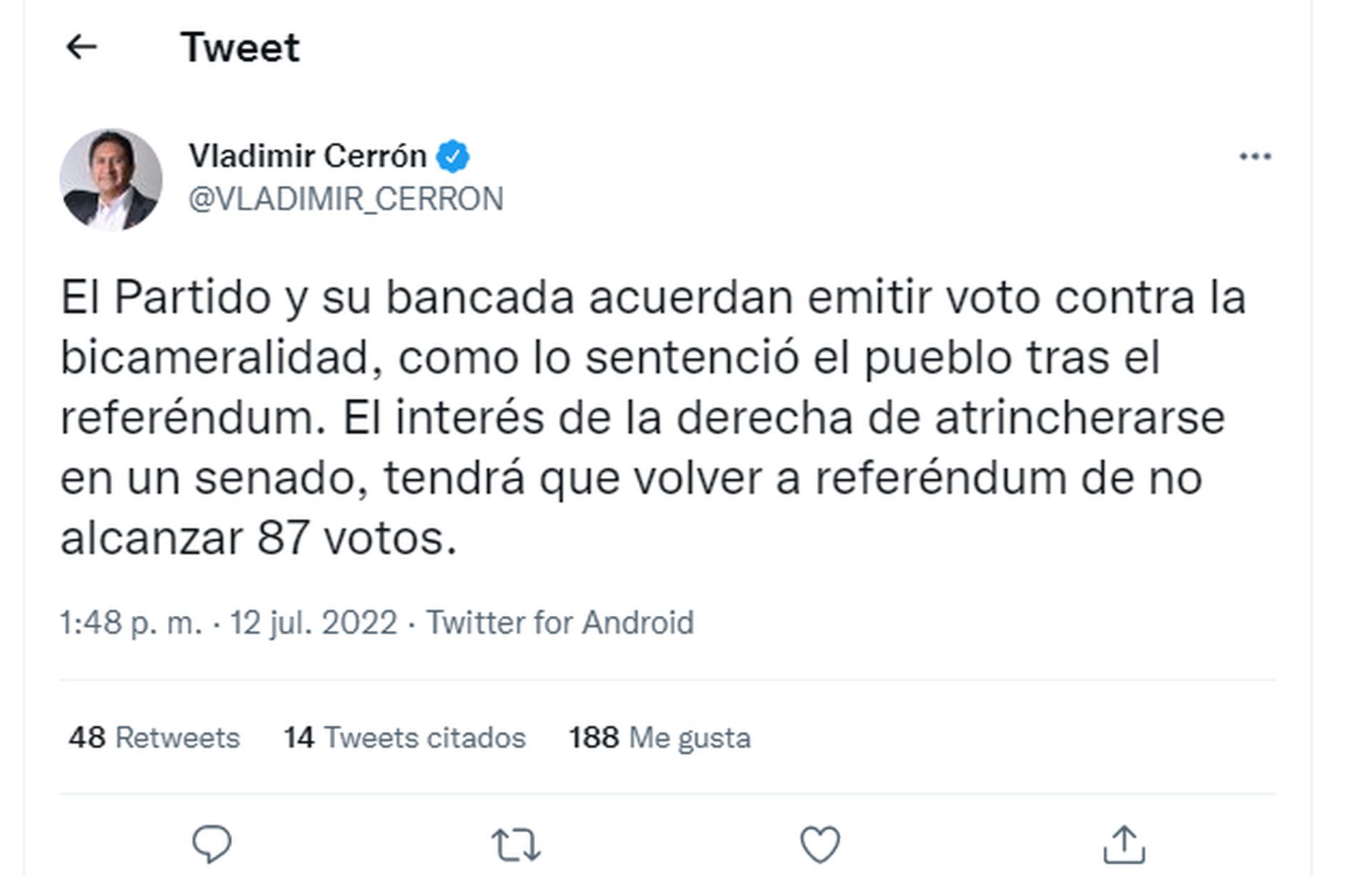 Vladimir Cerrón lanza tuit sobre bicameralidad.