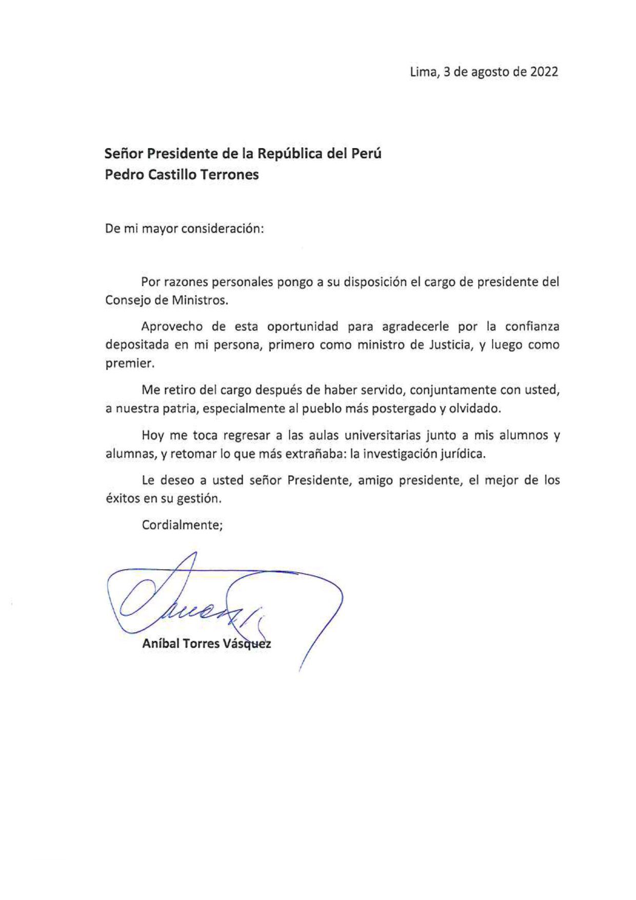 Aníbal Torres presentó carta de renuncia al cargo de presidente del Consejo de Ministros