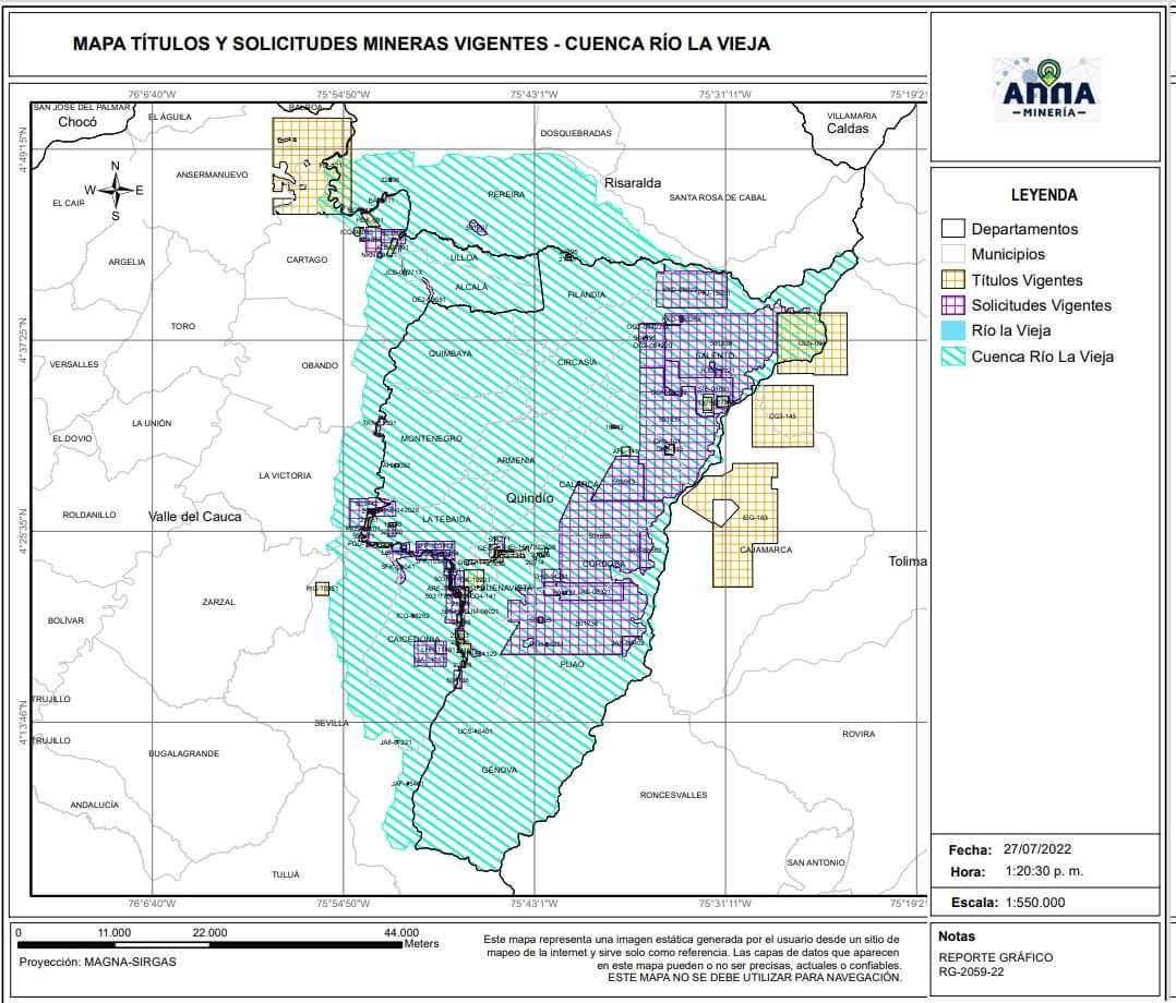 Mapa de los títulos y solicitudes vigentes de la Cuenca río La Vieja