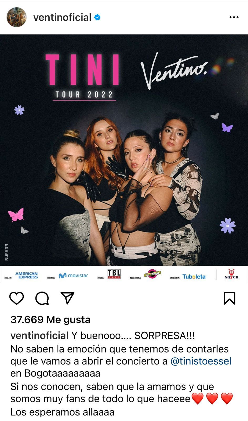 Ventino publicó que abrirán el concierto de Tini Stoessel, una de sus cantantes favoritas. Instagram:@ventinoficial