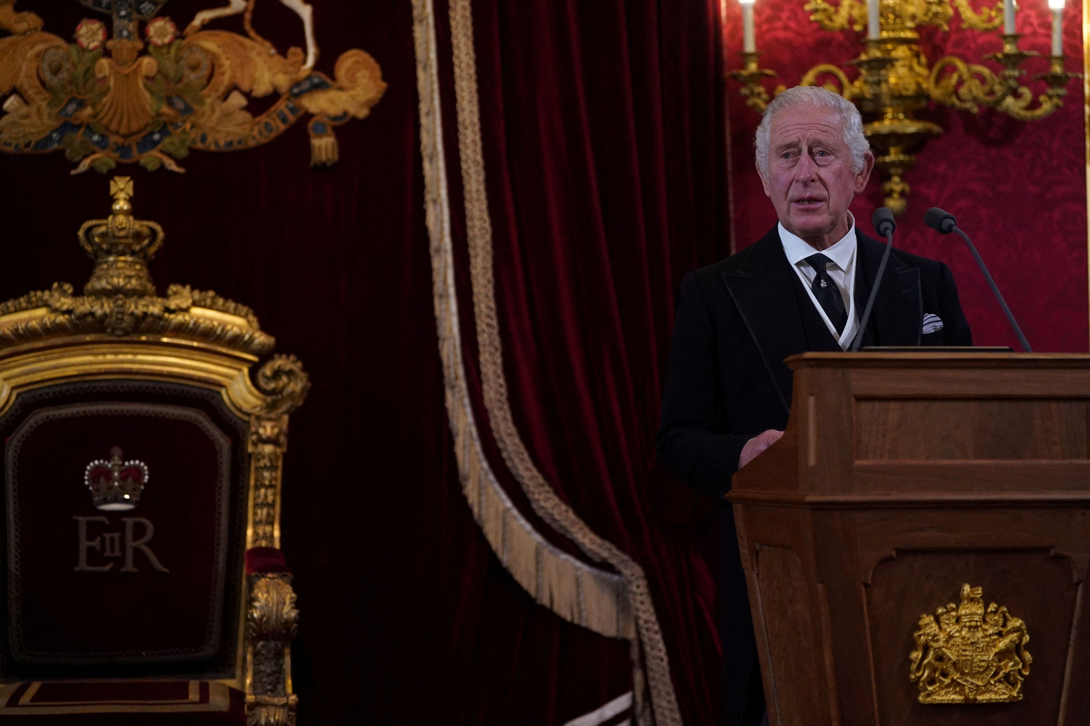 Britain's King Charles speaks during the Accession Council at St James's Palace, where he is formally proclaimed Britain's new monarch, following the death of Queen Elizabeth II, in London, Britain September 10, 2022. Victoria Jones/Pool via REUTERS