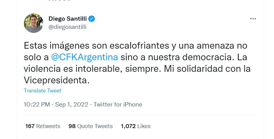 Twitter atentado a Cristina Kirchner - Diego Santilli