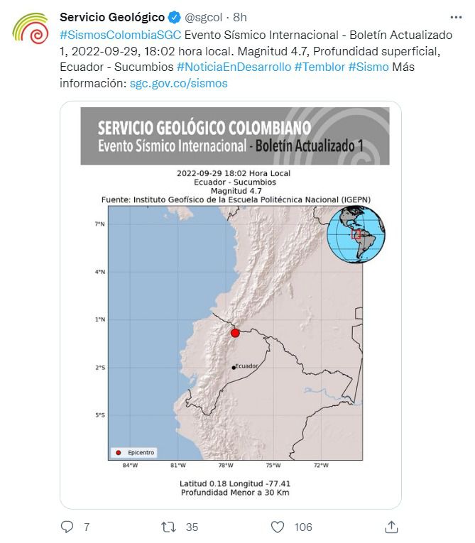 Sismo registrado el 29 de septiembre en zona fronteriza entre Colombia y Ecuador. Foto tomada de @sgcol