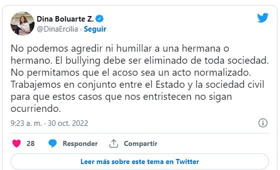 Dina Boluarte pide que se detenga el bullying