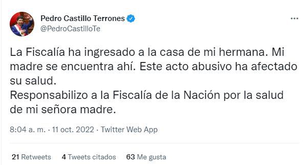 Pedro Castillo califica de abusivo allanamiento de la casa de su hermana