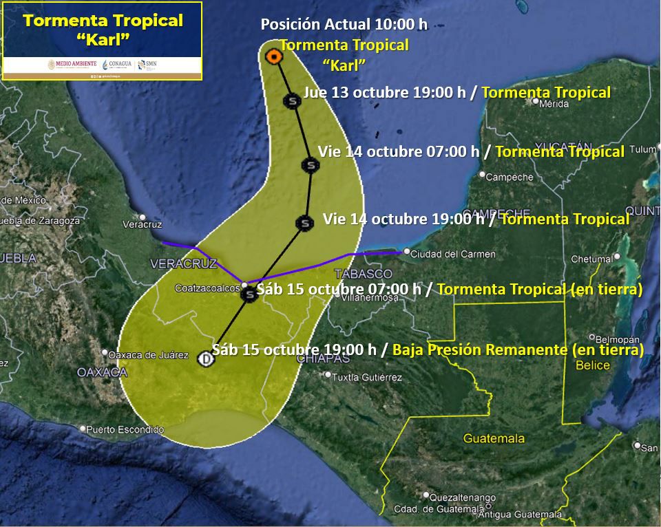 Clima en México y paso de la tormenta tropical Karl este 13 de octubre de 2022. Foto: Conagua Clima