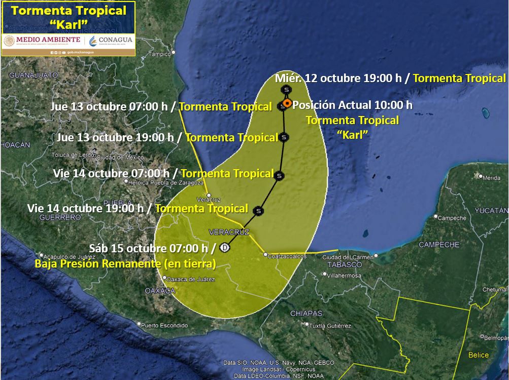 Tormenta tropical Karl en el Golfo de México. Foto: Conagua Clima