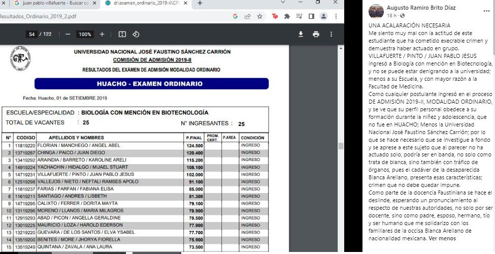 Acusado de feminicidio de turista mexicana publicó videos de órganos y habló su profesor en universidad de Huacho