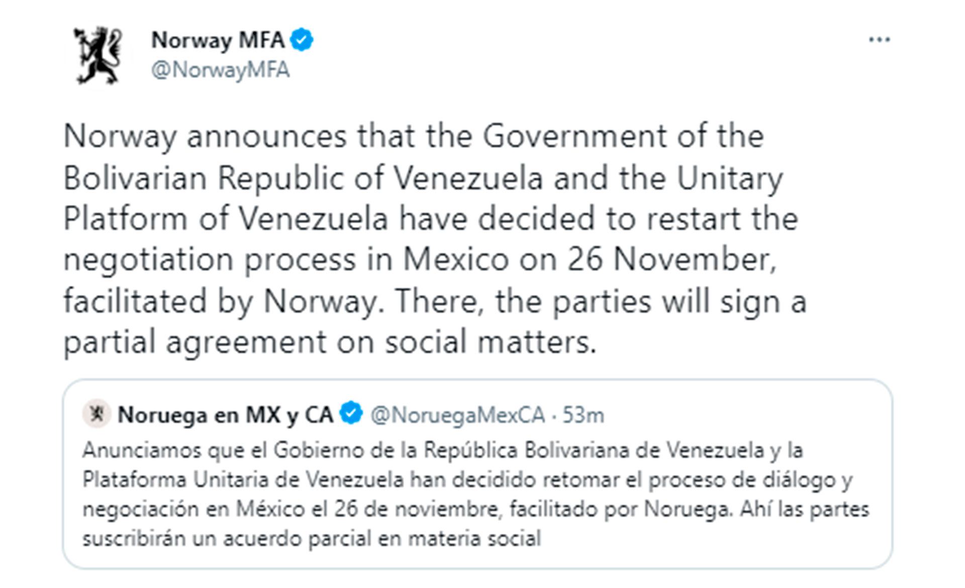 Noruega confirmó el diálogo en Venezuela